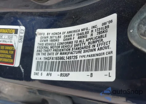 2006 Honda Civic Lx из США, поврежденный, VIN 1HGFA16596L149726